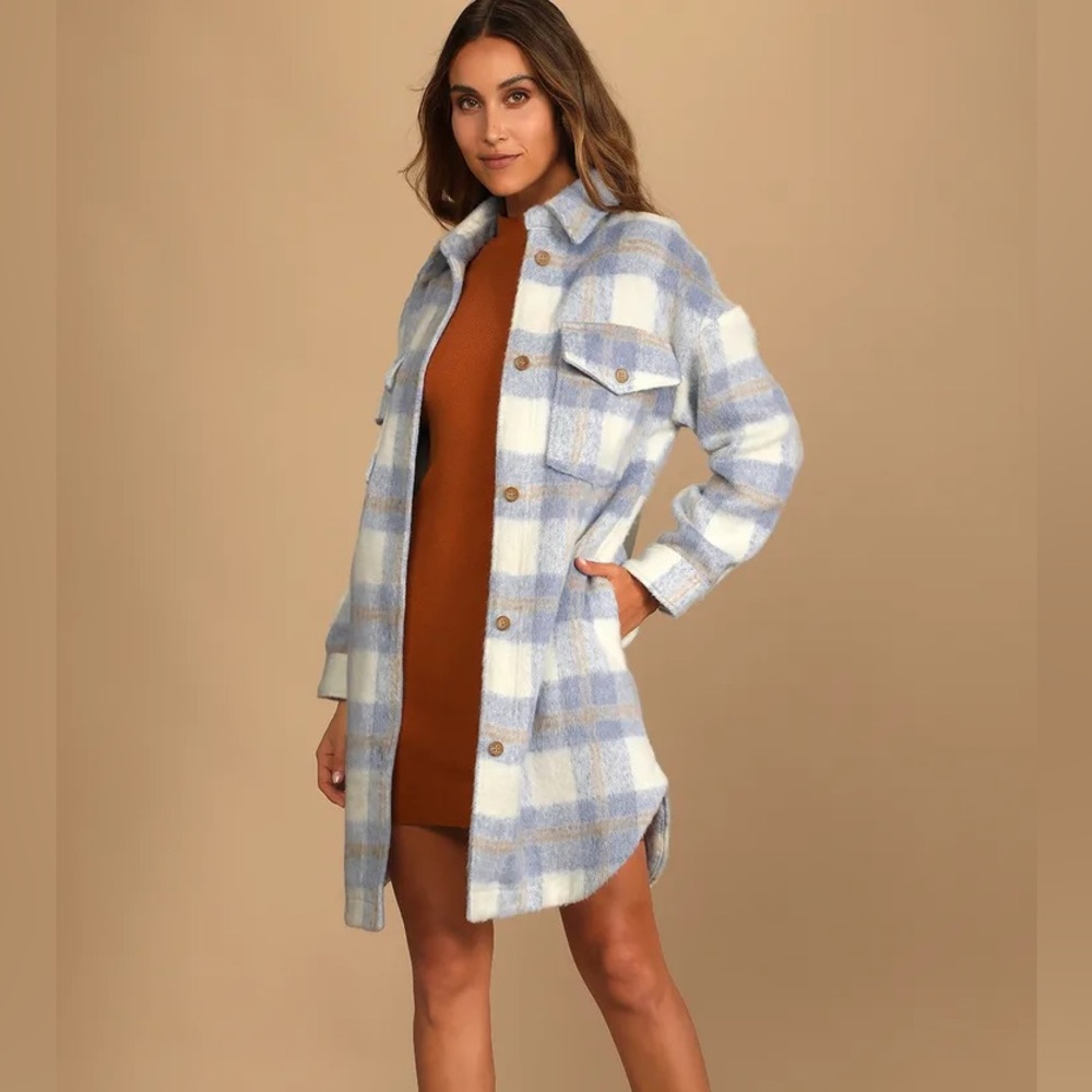 NWT Lulus Blue Multi Plaid Wool Jacket